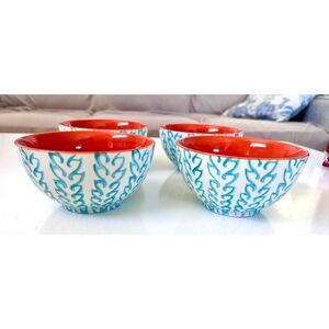 BAUM TANGIER 4- Soup Bowls Turqoise Orange Stoneware Dinnerware Discontinued